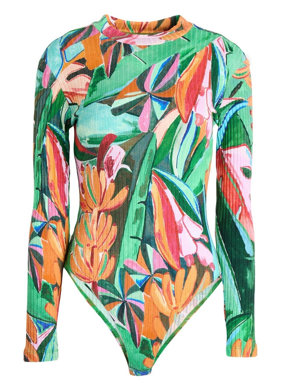 FARM Rio Green Floral Ribbed Long-Sleeve Bodysuit with Pink and Orange Accents